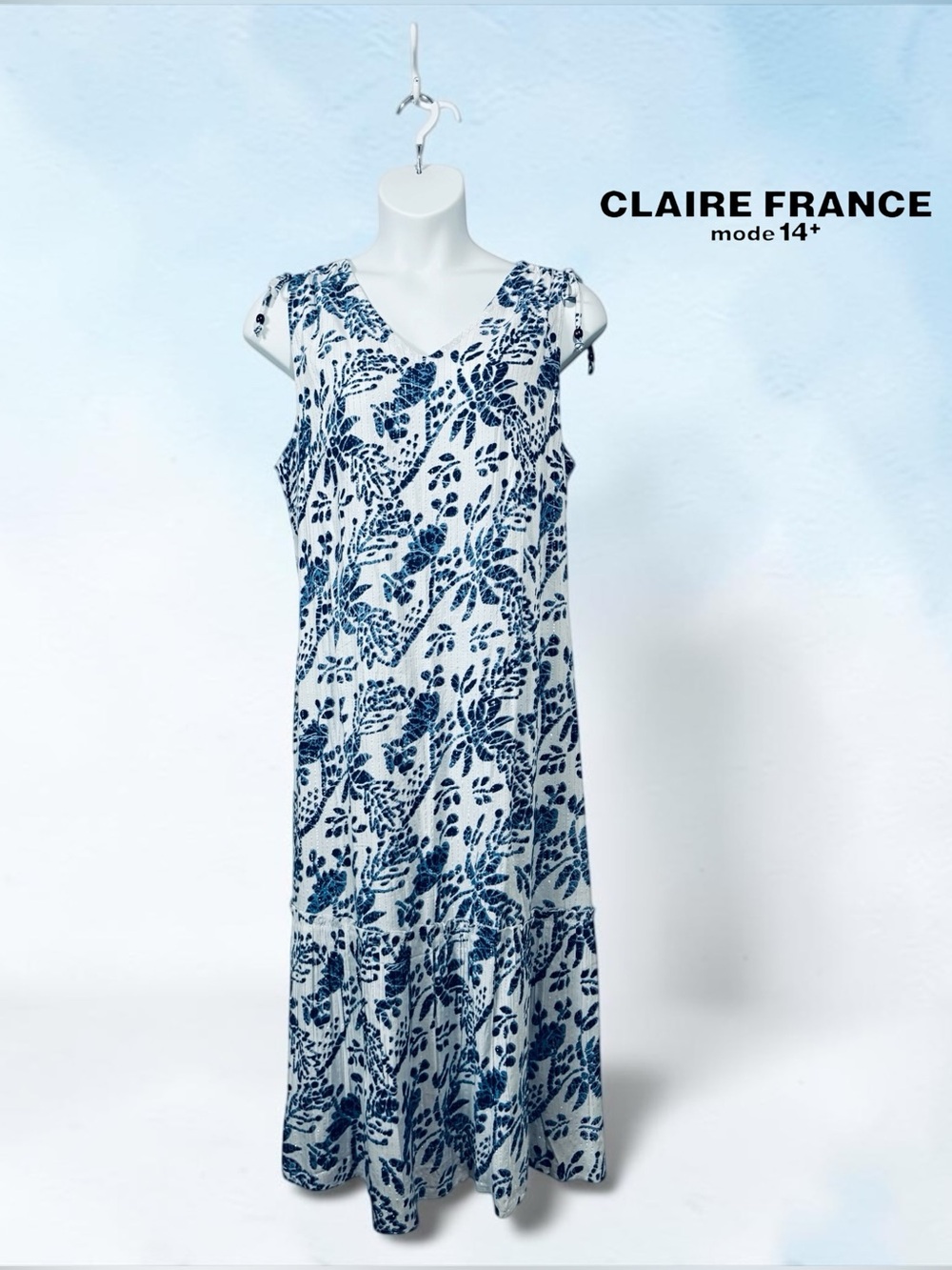 NEW, Claire France, Plus Size 2X Maxi Dress White Blue Floral Silver Lurex Boho